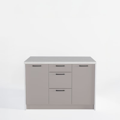 Wyspa kuchenna, SALVINA, 3 szafki 40 cm z półkami i 3 szufladami, korpus biały, fronty clay grey, blat crema limestone