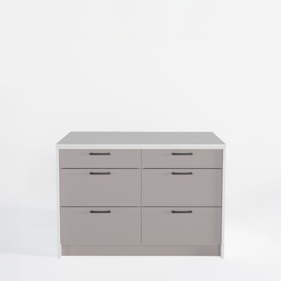 Wyspa kuchenna, SALVINA, 2 szafki 60 cm, 6 szuflad, korpus biały, fronty clay grey, blat crema limestone