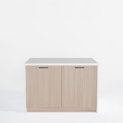 Wyspa kuchenna, SALVINA, 2 szafki 60 cm z półkami, korpus biały, fronty dąb cremona, blat crema limestone