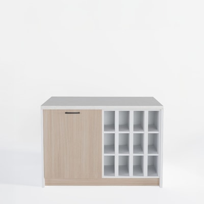 Wyspa kuchenna, SALVINA, 2 szafki 60 cm z półkami standardowymi oraz na wino, korpus biały, fronty dąb cremona, blat crema limestone