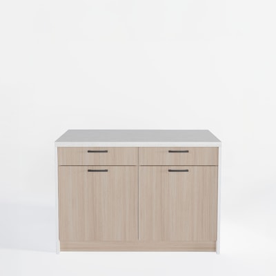 Wyspa kuchenna, SALVINA, 2 szafki 60 cm z 2 szufladami i półkami, korpus biały, fronty dąb cremona, blat crema limestone