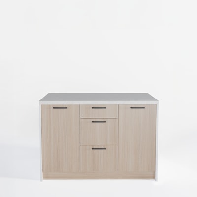 Wyspa kuchenna, SALVINA, 3 szafki 40 cm z półkami i 3 szufladami, korpus biały, fronty dąb cremona, blat crema limestone