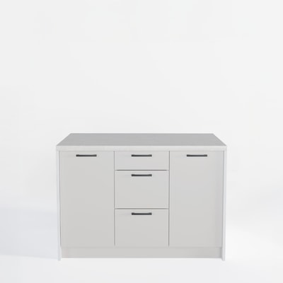 Wyspa kuchenna, SALVINA, 3 szafki 40 cm z półkami i 3 szufladami, korpus biały, fronty kaszmir, blat crema limestone