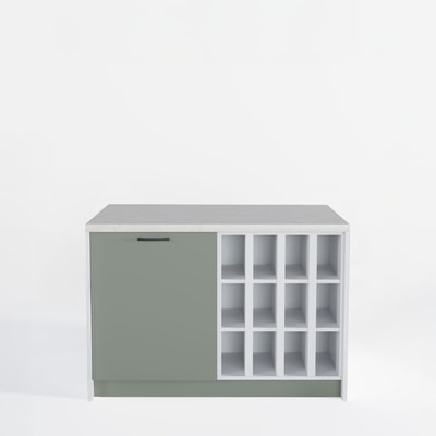 Wyspa kuchenna, SALVINA, 2 szafki 60 cm z półkami standardowymi oraz na wino, korpus biały, fronty kaszmir, blat crema limestone