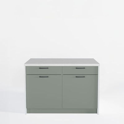 Wyspa kuchenna, SALVINA, 2 szafki 60 cm z 2 szufladami i półkami, korpus biały, fronty szałwia, blat crema limestone