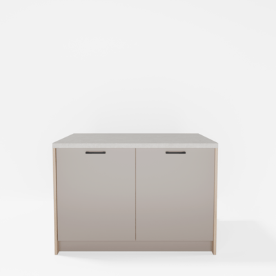 Wyspa kuchenna SALVINA, 2 szafki 60 cm z półkami, korpus dąb cremona, fronty clay grey, blat crema limestone