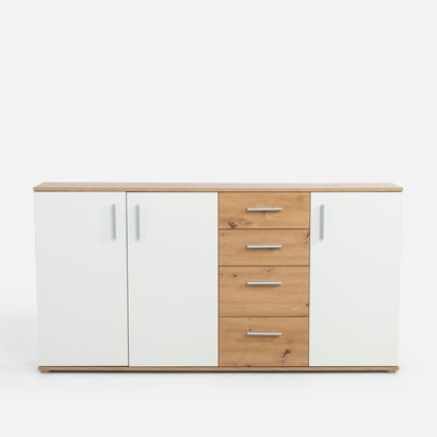 Komoda 3-drzwiowa z 4 szufladami IKOLI biała dąb artisan