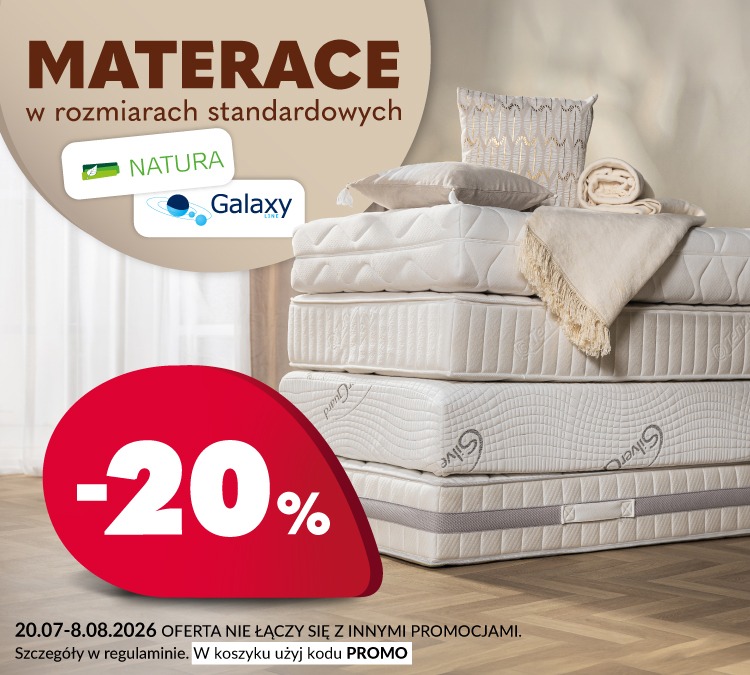 Baner informacyjny: Wybrane łóżka tapicerowane -20%. Oferta nie łączy się z innymi promocjami. Szczegóły w regulaminie. W koszyku użyj kodu Promo. Promocja trwa od 20 lipca do 8 sierpnia 2026 roku.		
