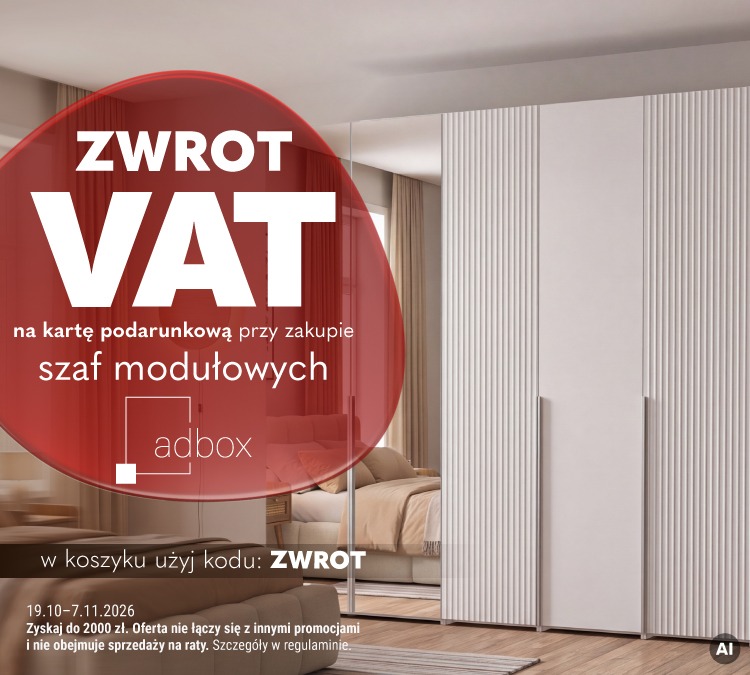 Baner reklamowy: zwrot VAT na kartę podarunkową przy zakupie szaf Adbox. Promocja obowiązuje w dniach 19.10-7.11.2026. Szczegóły dostępne na agatameble.pl