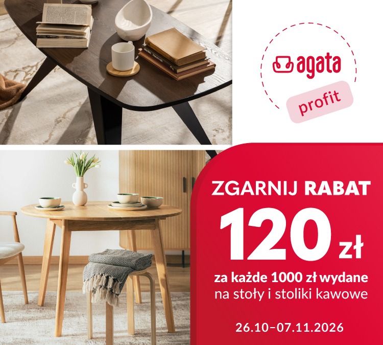Baner promocyjny ze zdjęciem aranżacji stołów i stolików kawowych.