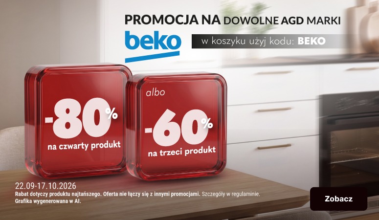 Baner promocyjny z aranżacją jasnej kuchni. Sprzęt AGD marki Beko: 60% rabatu na trzeci produkt lub 80% na czwarty. Oferta ważna od 22.09 do 17.10.2026. Kod rabatowy: BEKO. Baner promocyjny z aranżacją jasnej kuchni. Sprzęt AGD marki Beko: 60% rabatu na trzeci produkt lub 80% na czwarty. Oferta ważna od 22.09 do 17.10.2026. Kod rabatowy: BEKO.
