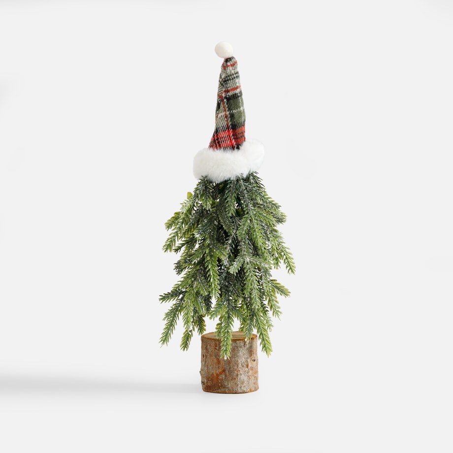 Dekoracja choinka w czapce, zielono-biała, 30 cm
