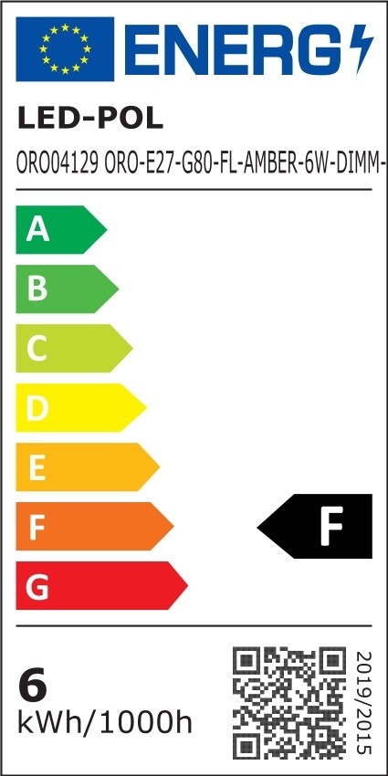Żarówka ozdobna LED E27 6W barwa ciepła ORO-E27-G80-FL-AMBER-6W-DIMM
