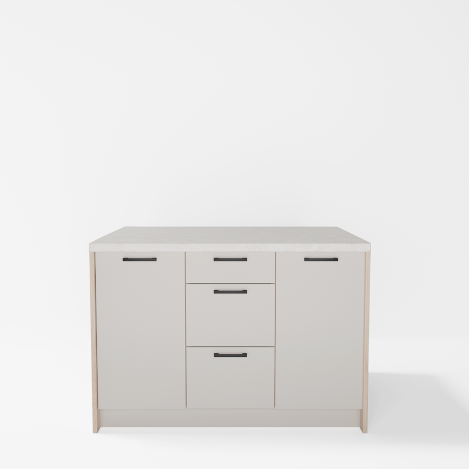 Wyspa kuchenna, SALVINA, 3 szafki 40 cm z półkami i 3 szufladami, korpus dąb cremona, fronty kaszmir, blat crema limestone