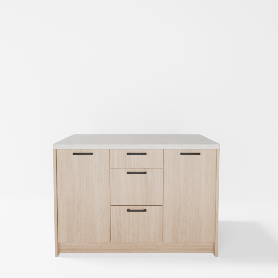 Wyspa kuchenna, SALVINA, 3 szafki 40 cm z półkami i 3 szufladami, korpus dąb cremona, fronty dąb cremona, blat crema limestone