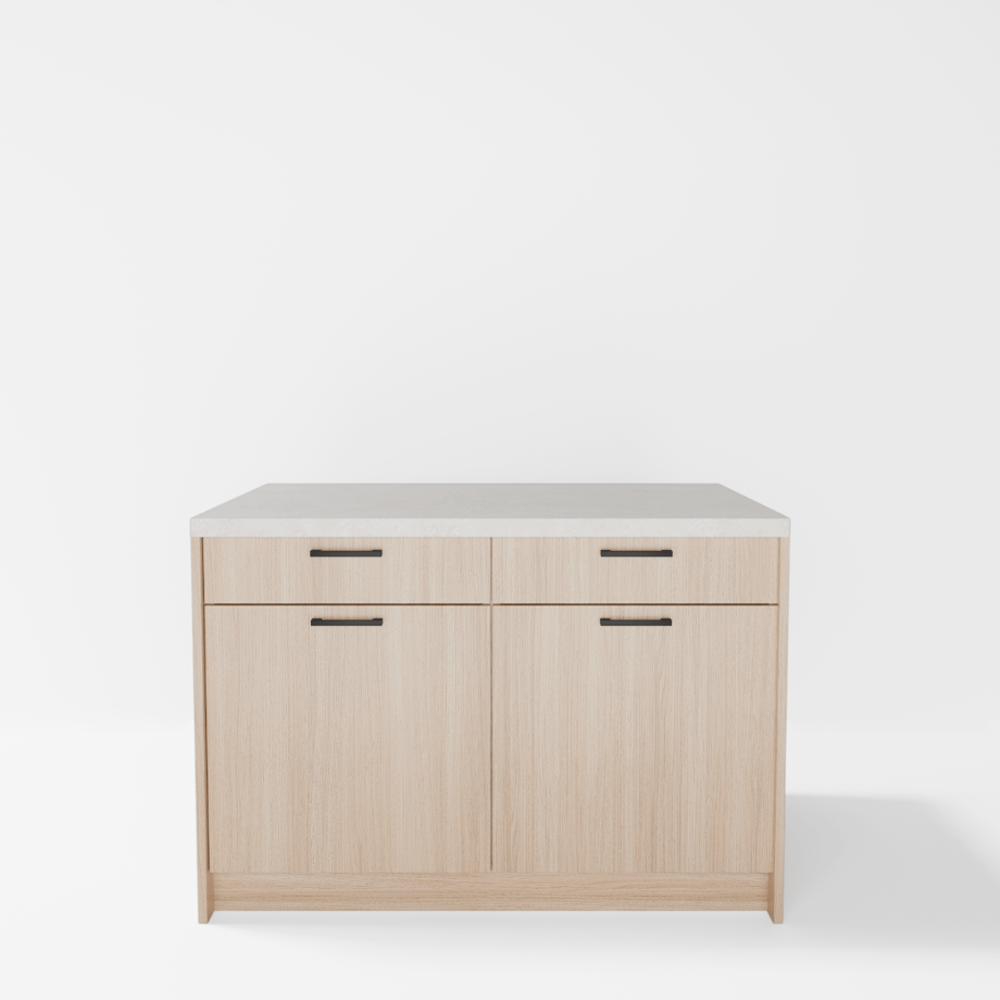 Wyspa kuchenna, SALVINA, 2 szafki 60 cm z 2 szufladami i półkami, korpus dąb cremona, fronty dąb cremona, blat crema limestone