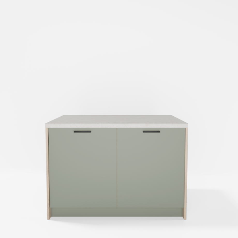 Wyspa kuchenna SALVINA, 2 szafki 60 cm z półkami, korpus dąb cremona, fronty szałwia, blat crema limestone