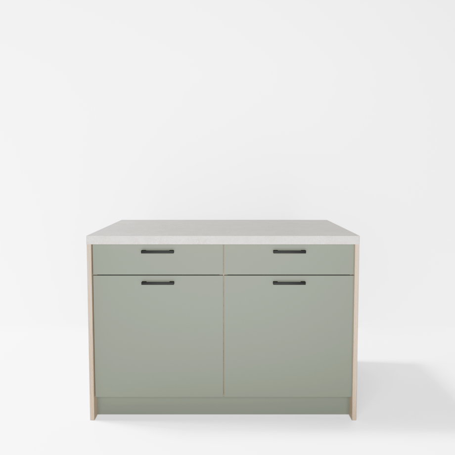Wyspa kuchenna, SALVINA, 2 szafki 60 cm z 2 szufladami i półkami, korpus dąb cremona, fronty szałwia, blat crema limestone