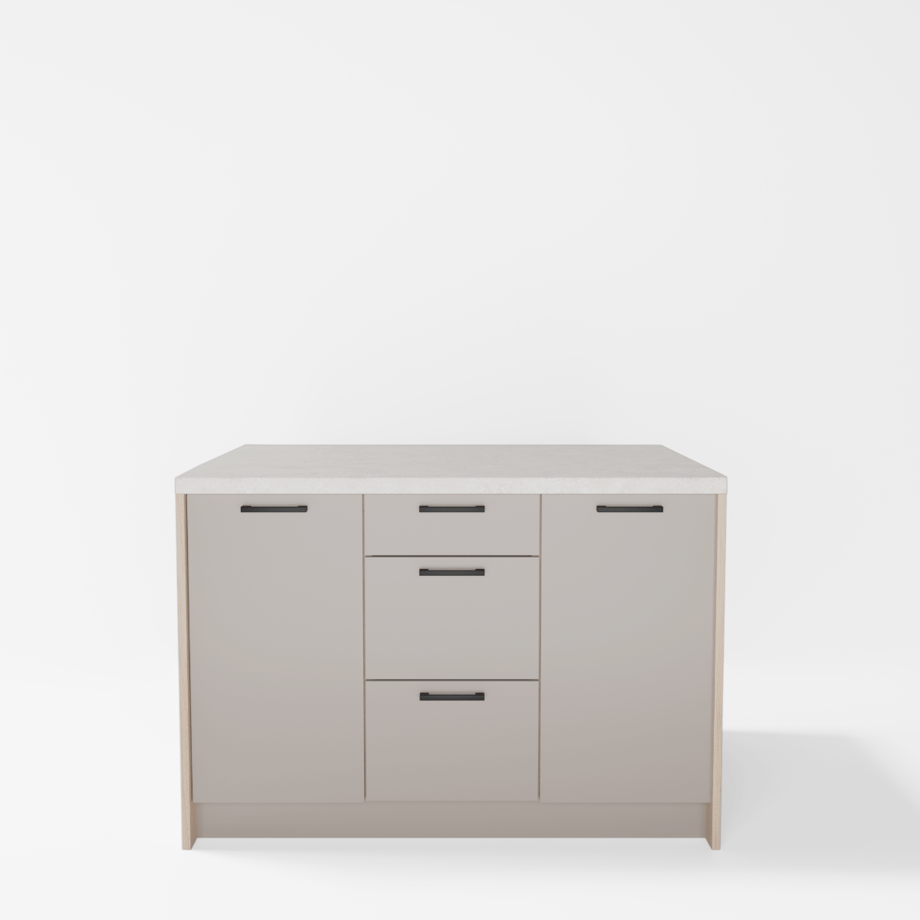 Wyspa kuchenna, SALVINA, 3 szafki 40 cm z półkami i 3 szufladami, korpus dąb cremona, fronty clay grey, blat crema limestone
