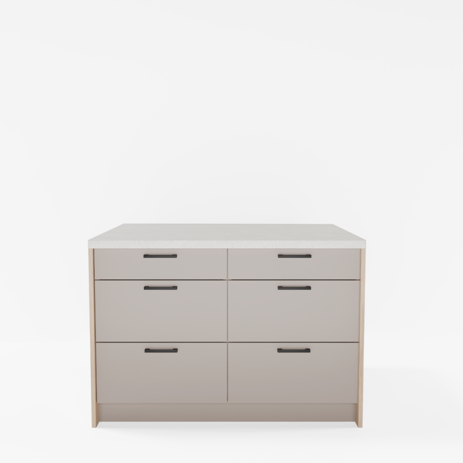 Wyspa kuchenna, SALVINA, 2 szafki 60 cm, 6 szuflad, korpus dąb cremona, fronty clay grey, blat crema limestone