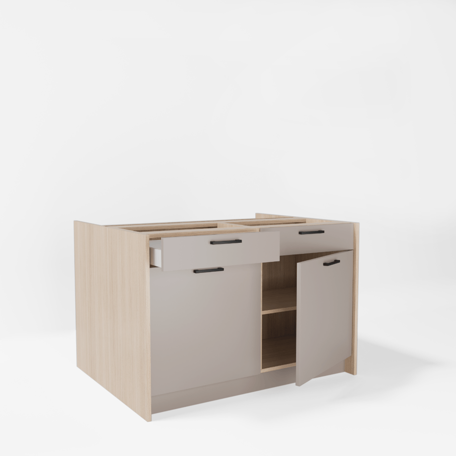 Wyspa kuchenna, SALVINA, 2 szafki 60 cm z 2 szufladami i półkami, korpus dąb cremona, fronty clay grey, bez blatu