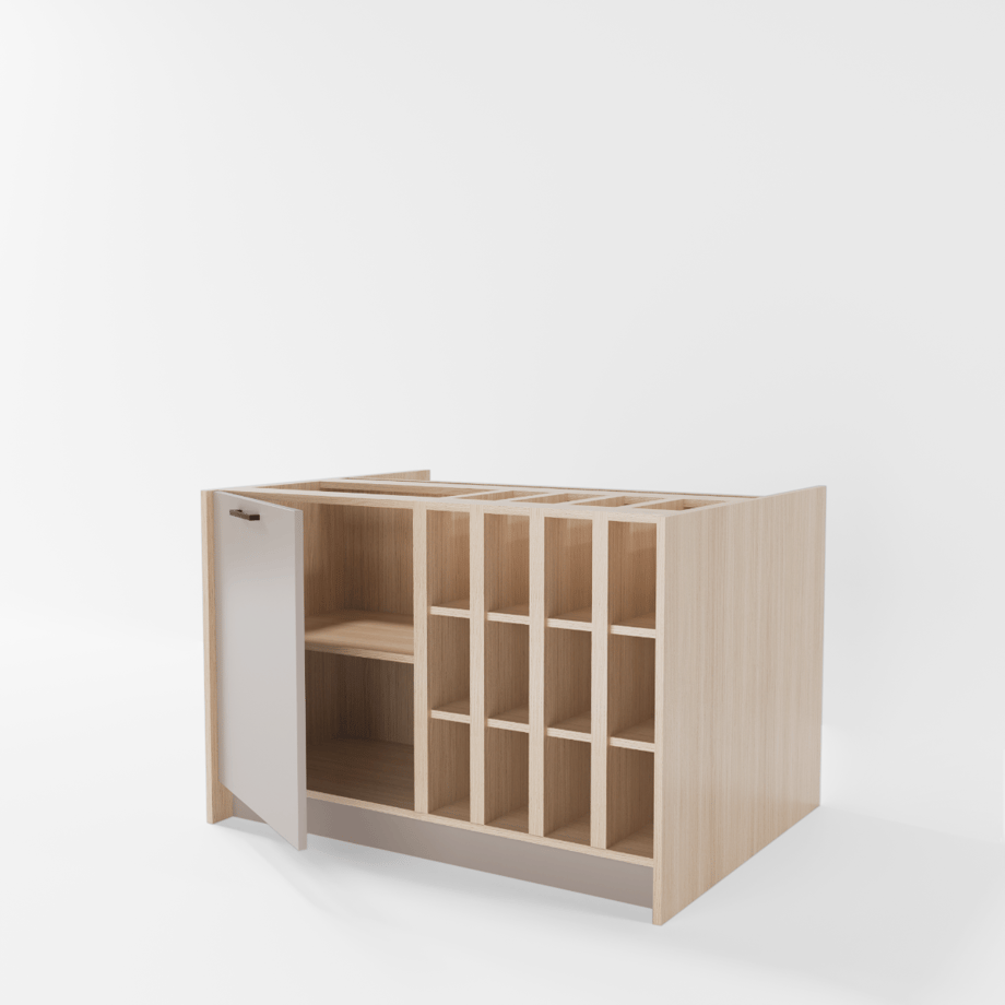 Wyspa kuchenna, SALVINA, 2 szafki 60 cm z półkami standardowymi oraz na wino, korpus dąb cremona, fronty clay grey, bez blatu
