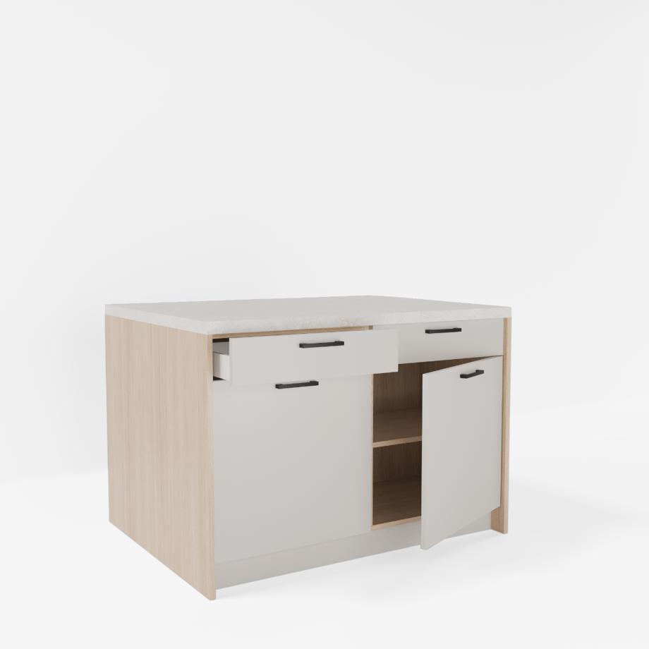 Wyspa kuchenna, SALVINA, 2 szafki 60 cm z 2 szufladami i półkami, korpus dąb cremona, fronty kaszmir, blat crema limestone