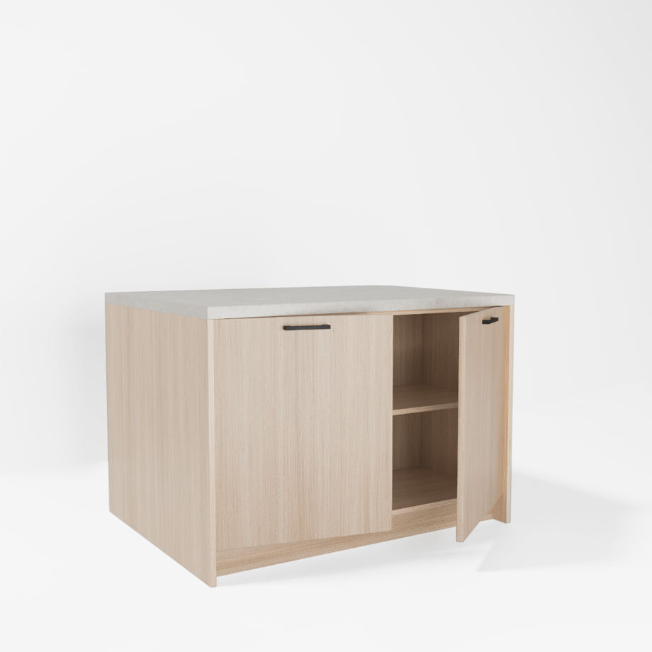 Wyspa kuchenna SALVINA, 2 szafki 60 cm z półkami, korpus dąb cremona, fronty dąb cremona, blat crema limestone