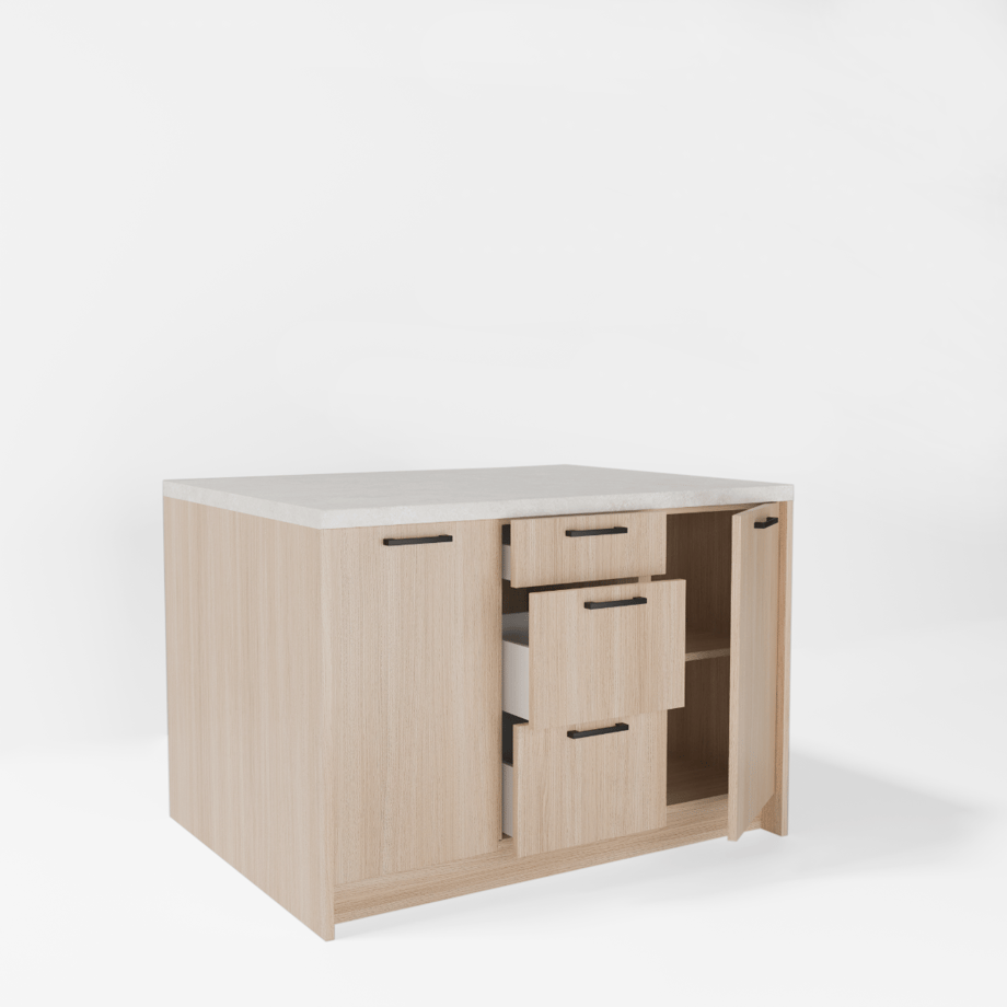 Wyspa kuchenna, SALVINA, 3 szafki 40 cm z półkami i 3 szufladami, korpus dąb cremona, fronty dąb cremona, blat crema limestone