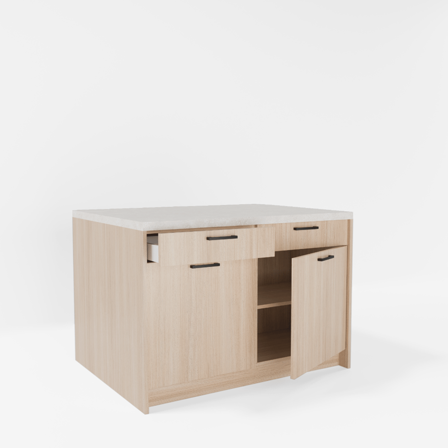 Wyspa kuchenna, SALVINA, 2 szafki 60 cm z 2 szufladami i półkami, korpus dąb cremona, fronty dąb cremona, blat crema limestone