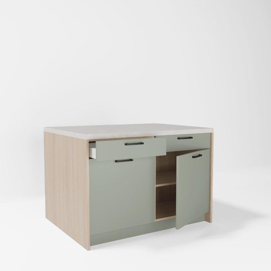 Wyspa kuchenna, SALVINA, 2 szafki 60 cm z 2 szufladami i półkami, korpus dąb cremona, fronty szałwia, blat crema limestone