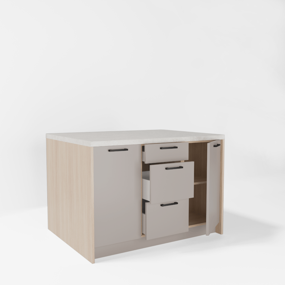 Wyspa kuchenna, SALVINA, 3 szafki 40 cm z półkami i 3 szufladami, korpus dąb cremona, fronty clay grey, blat crema limestone