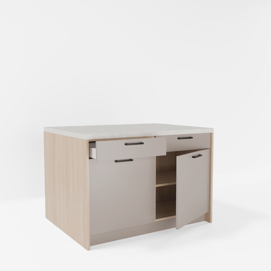 Wyspa kuchenna, SALVINA, 2 szafki 60 cm z 2 szufladami i półkami, korpus dąb cremona, fronty clay grey, blat crema limestone