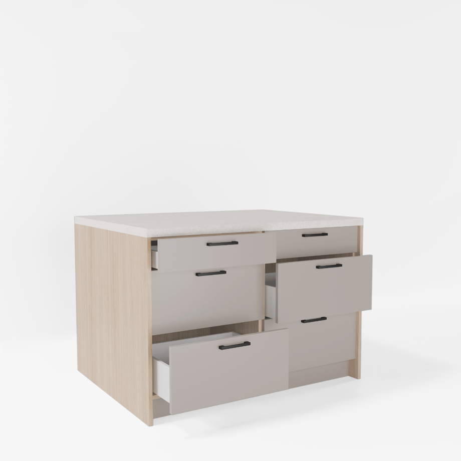 Wyspa kuchenna, SALVINA, 2 szafki 60 cm, 6 szuflad, korpus dąb cremona, fronty clay grey, blat crema limestone
