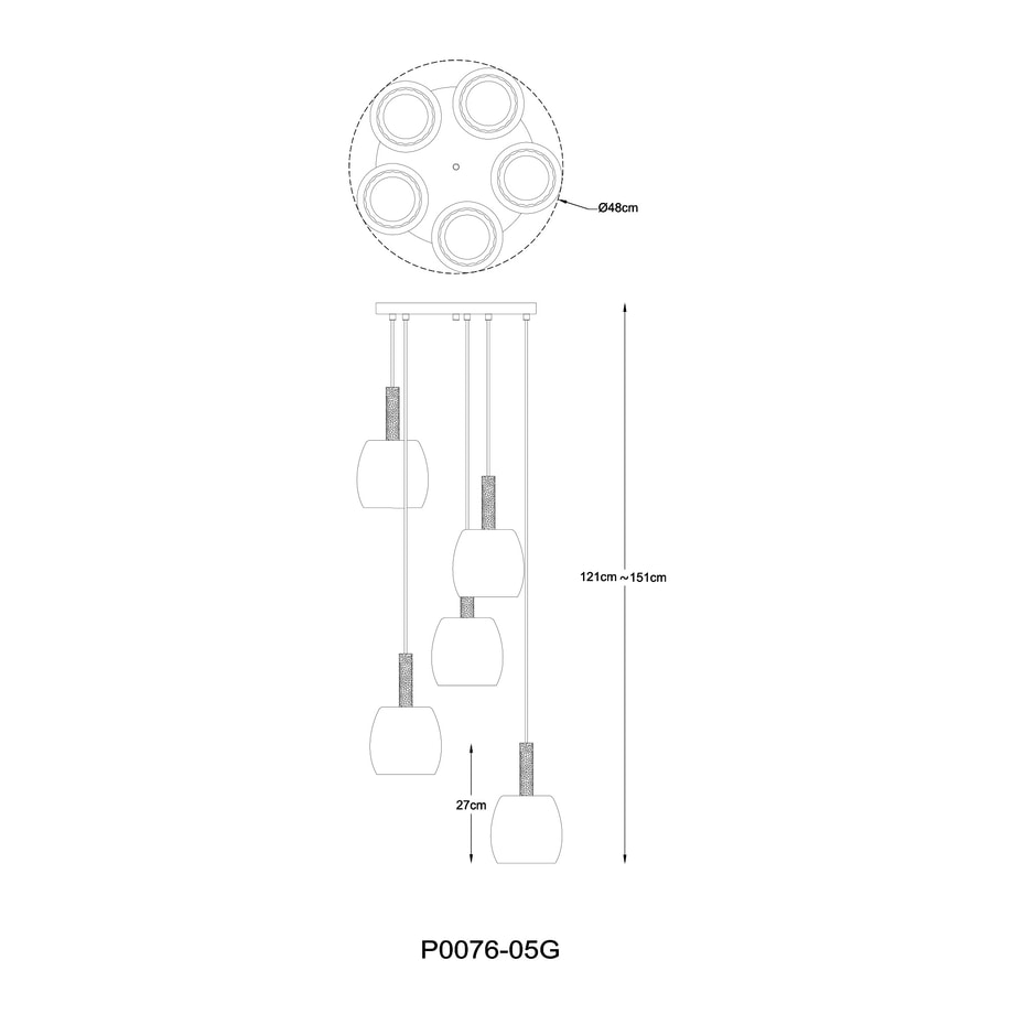 CALVO lampa wisząca okrągła podstawa 5 kloszy czarno-złota