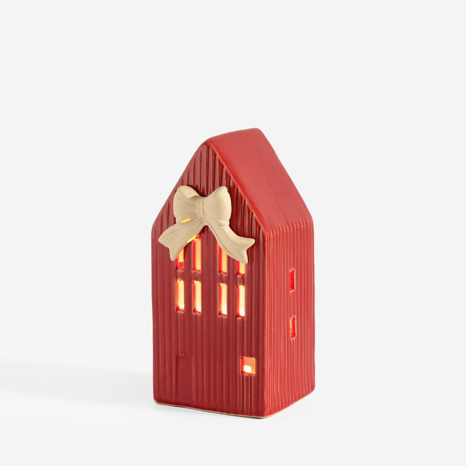 Dekoracja  DOMEK LED czerwony z kokardą 14,3 cm
