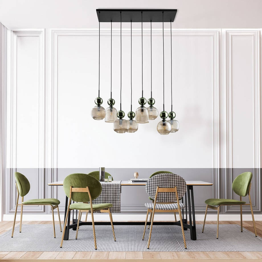 Lampa wisząca 8 kloszy prostokątna podstawa SOPHIA GREEN COGNAC