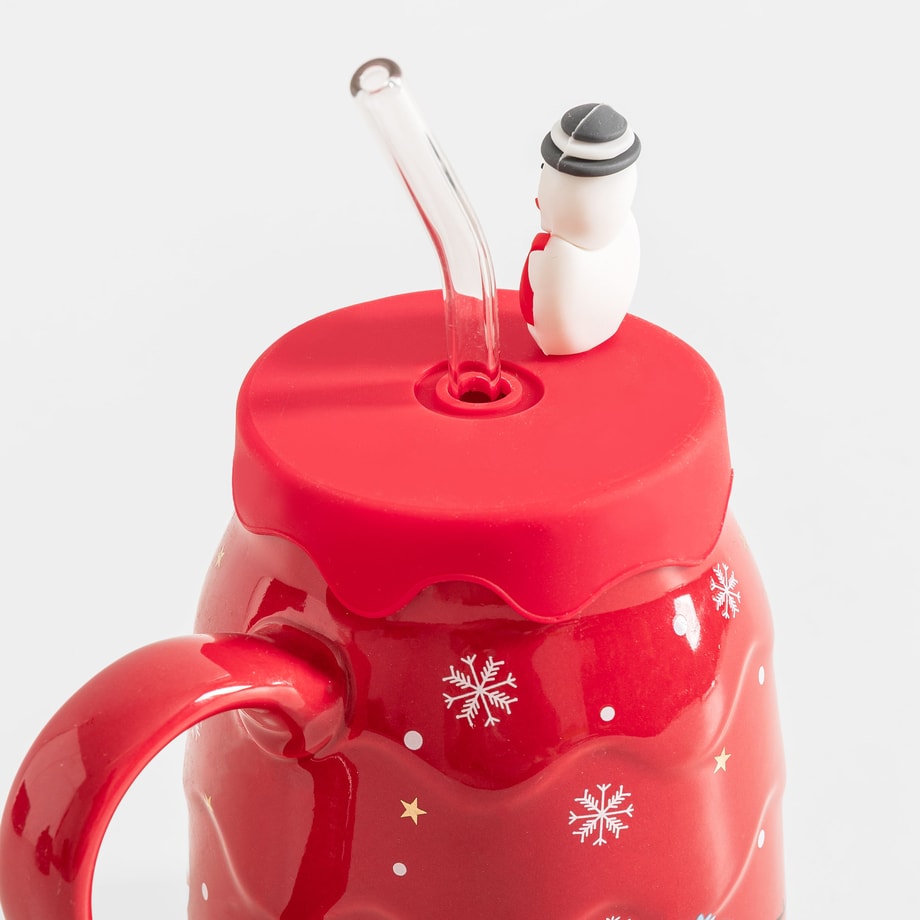 Kubek zimowy 400 ml z pokrywką i szklaną słomką 
