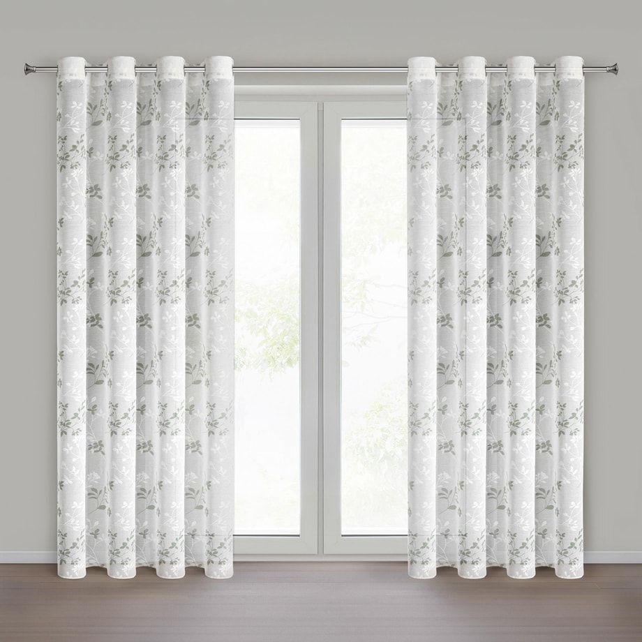 Zasłona na przelotkach biała w zielone liście 140x250 cm BELISA 