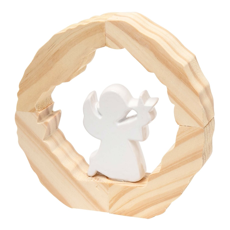 Dekoracja świąteczna drewniana z białym aniołkiem 19 cm