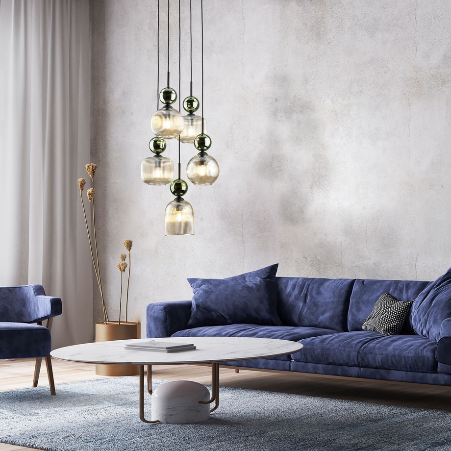 Lampa wisząca 5 kloszy okrągła podstawa SOPHIA GREEN COGNAC