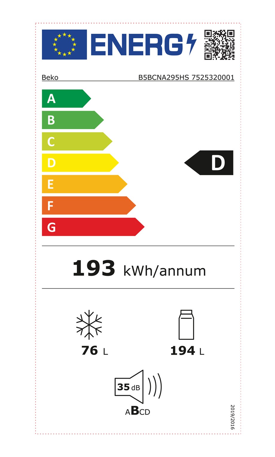 BEKO B5BCNA295HS lodówka do zabudowy