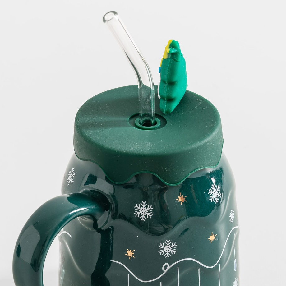 Kubek zimowy 400 ml z pokrywką i szklaną słomką 