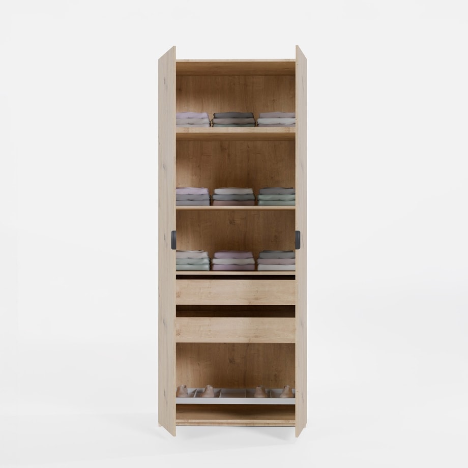 Szafa ADBOX 100 × 249,6 × 60 cm, dąb artisan z półkami, szufladami i wysuwaną półką na buty