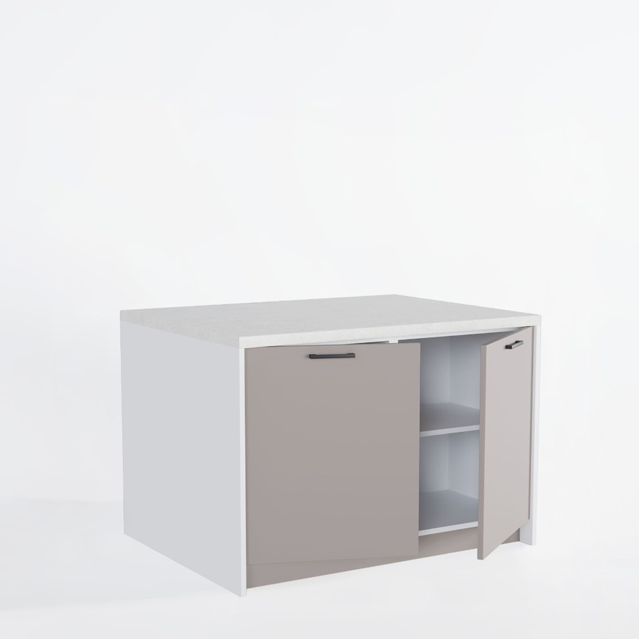 Wyspa kuchenna, SALVINA,, 2 szafki 60 cm z półkami, korpus biały, fronty clay grey, blat crema limestone