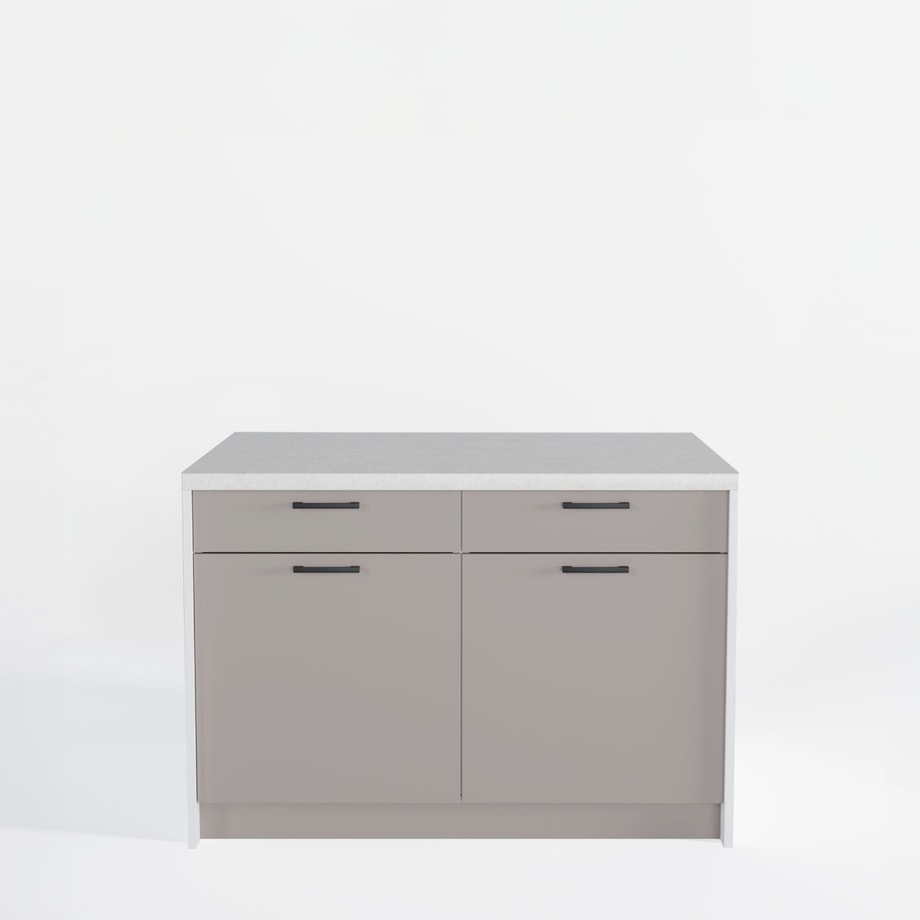 Wyspa kuchenna, SALVINA, 2 szafki 60 cm z 2 szufladami i półkami, korpus biały, fronty clay grey, blat crema limestone