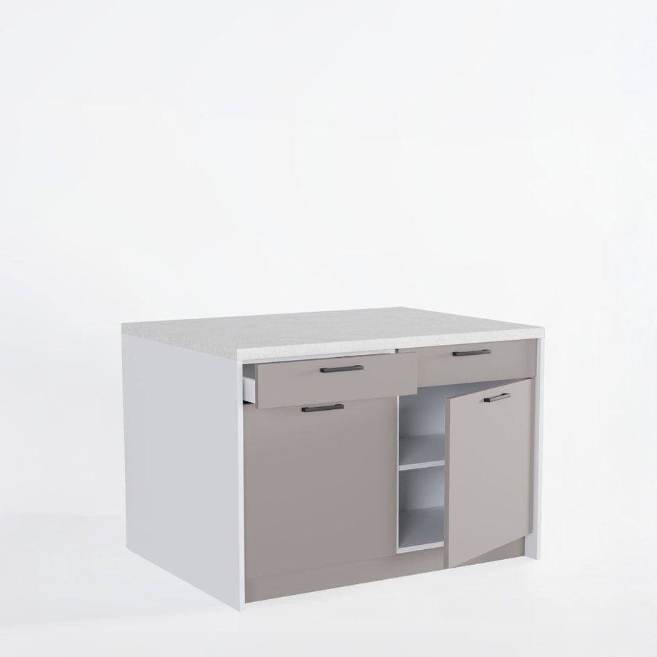 Wyspa kuchenna, SALVINA, 2 szafki 60 cm z 2 szufladami i półkami, korpus biały, fronty clay grey, blat crema limestone