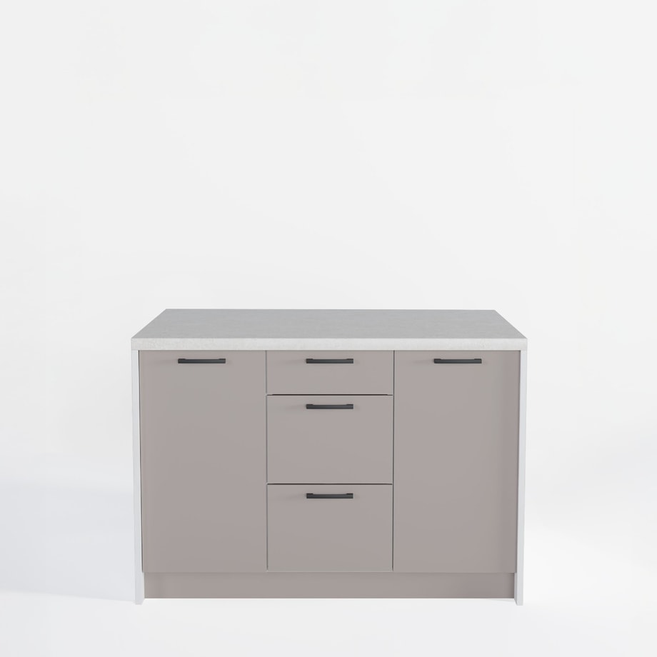 Wyspa kuchenna, SALVINA, 3 szafki 40 cm z półkami i 3 szufladami, korpus biały, fronty clay grey, blat crema limestone