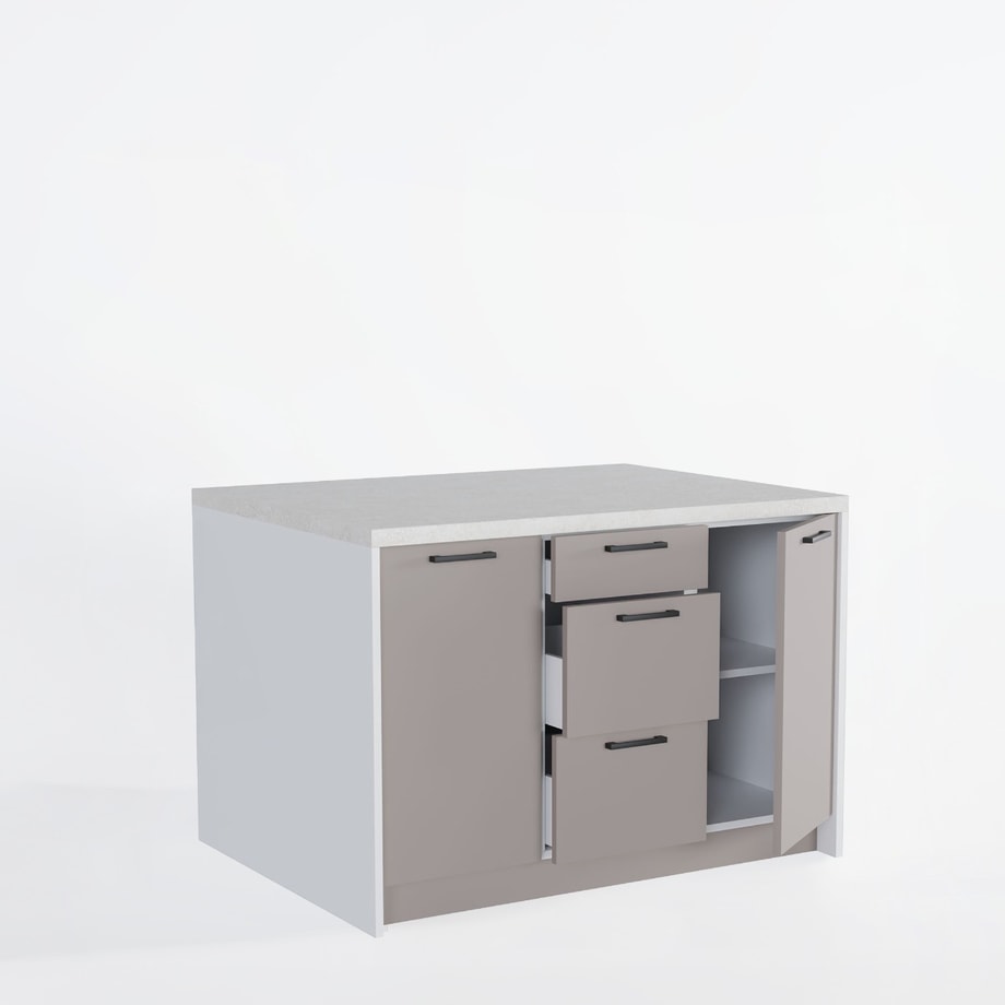 Wyspa kuchenna, SALVINA, 3 szafki 40 cm z półkami i 3 szufladami, korpus biały, fronty clay grey, blat crema limestone