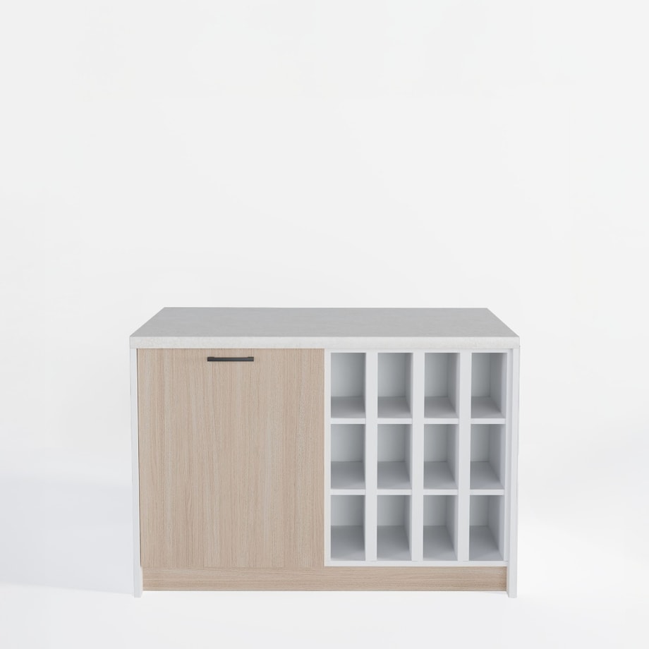 Wyspa kuchenna, SALVINA, 2 szafki 60 cm z półkami standardowymi oraz na wino, korpus biały, fronty dąb cremona, blat crema limestone